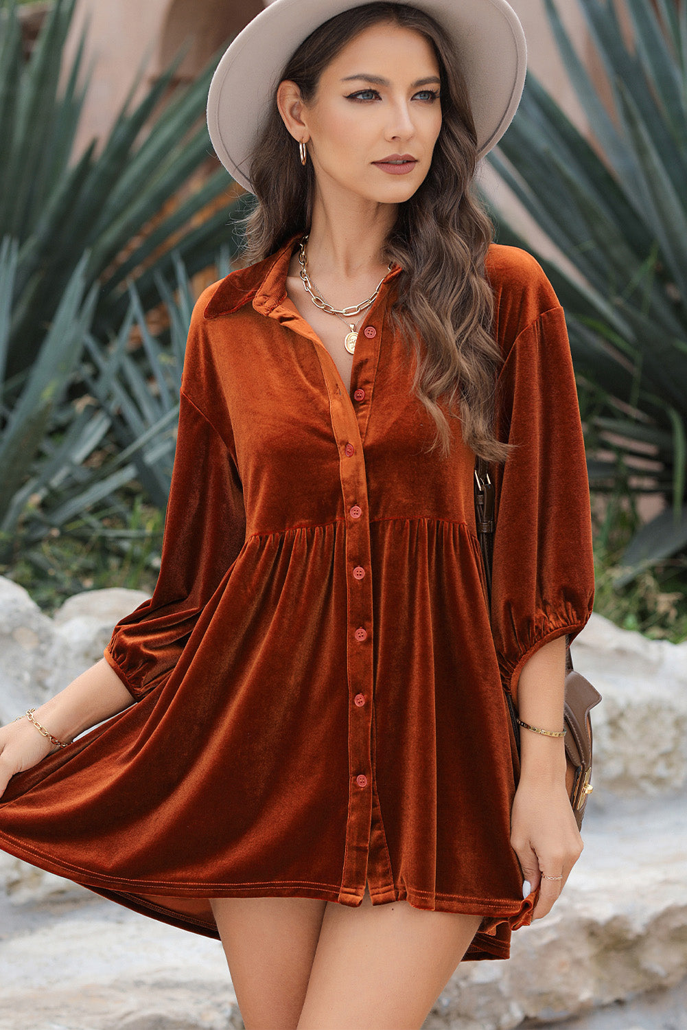 Pale Khaki 3/4 Sleeve Tunic Babydoll Velvet Shirt