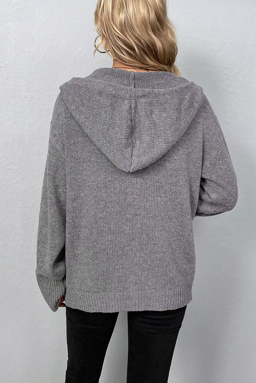 White Drawstring Hooded Button Up Drop Shoulder Sweater Cardigan