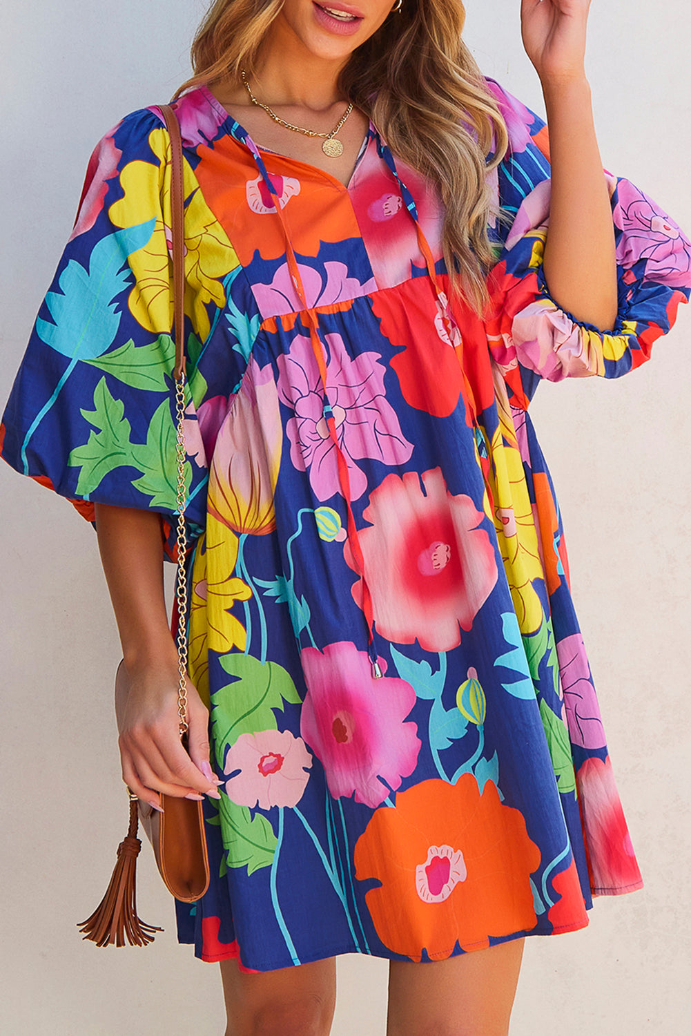 White Floral Print Split Neck Babydoll Dress