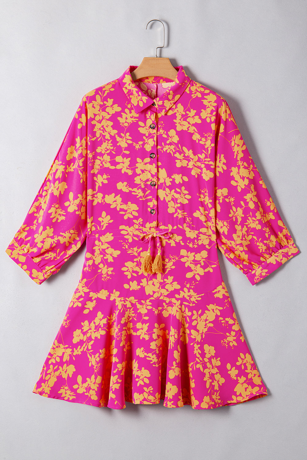Green Floral Print Drawstring Tunic Flowy Short Dress