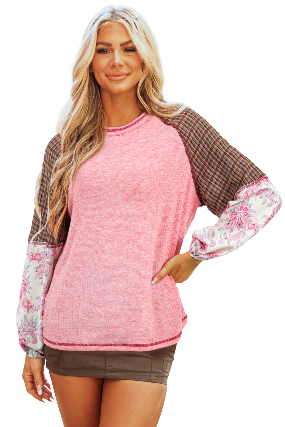 Jet Stream Mixed Print Raglan Sleeve Ribbed Knit Patchwork Blouse