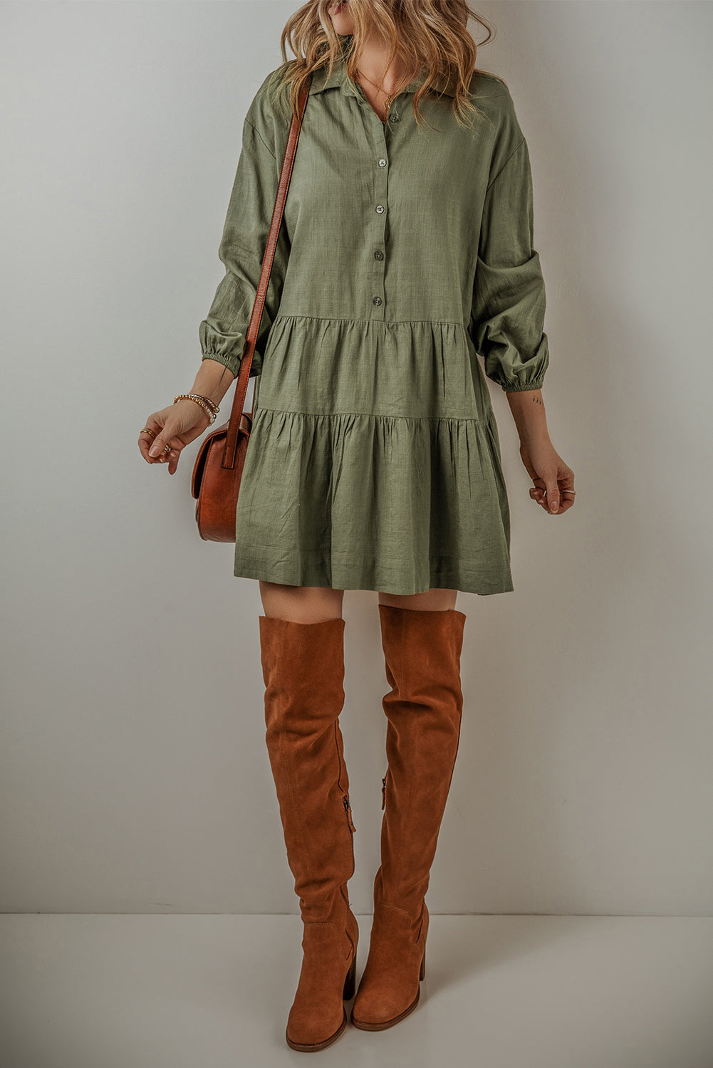 Tan Puff Sleeve Buttoned Tiered Pleated Shirt Mini Dress