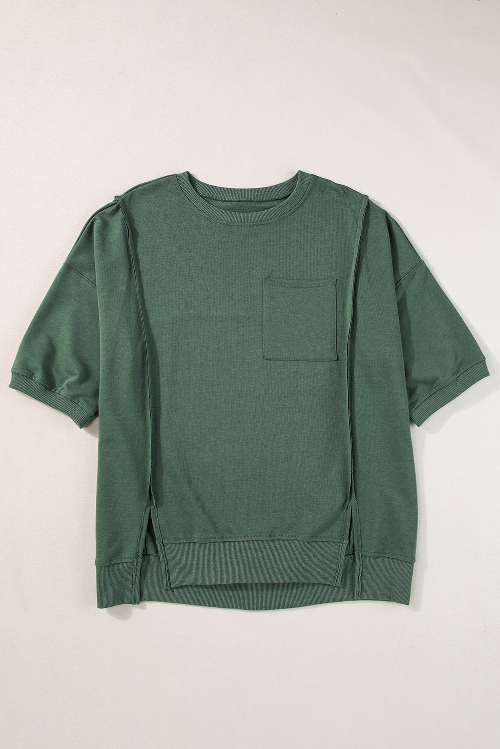 Light Grey Exposed Seam Chest Pocket Split Loose T Shirt