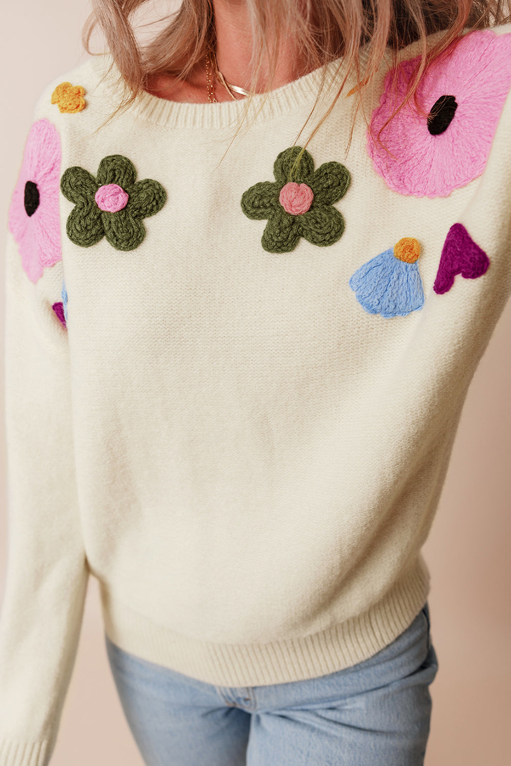 Light Blue Knitted Flower Pattern Ribbed Edge Sweater