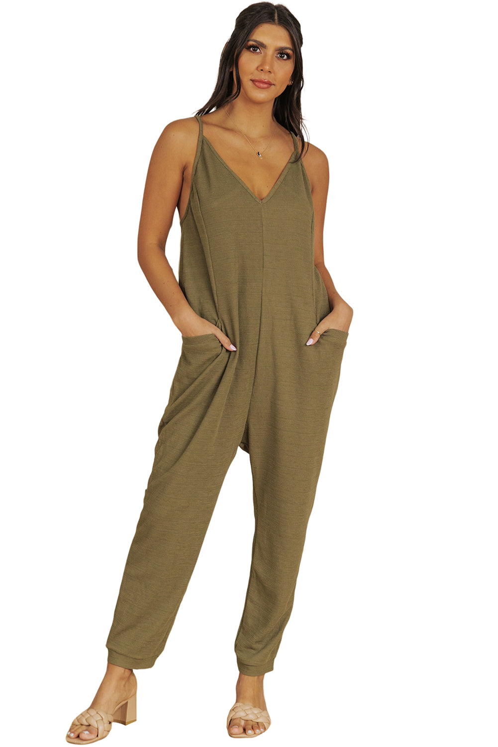 Gray Textured Sleeveless V-Neck Pocketed Casual Jumpsuit