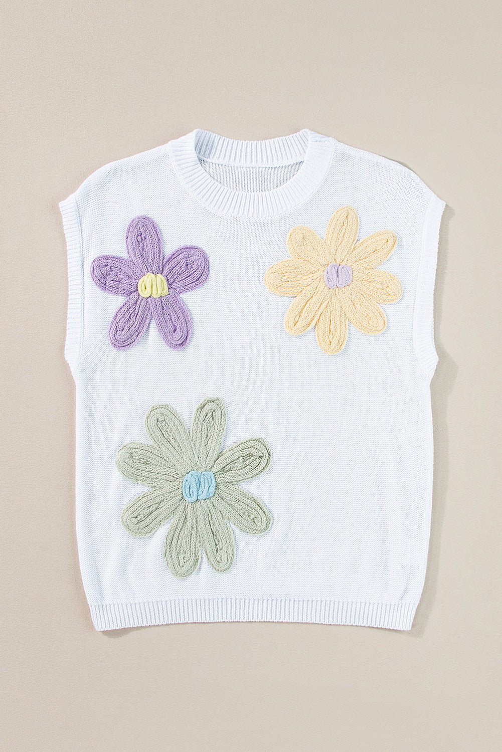 Pink Multi Crochet Flower Knit Short Sleeve Sweater Top