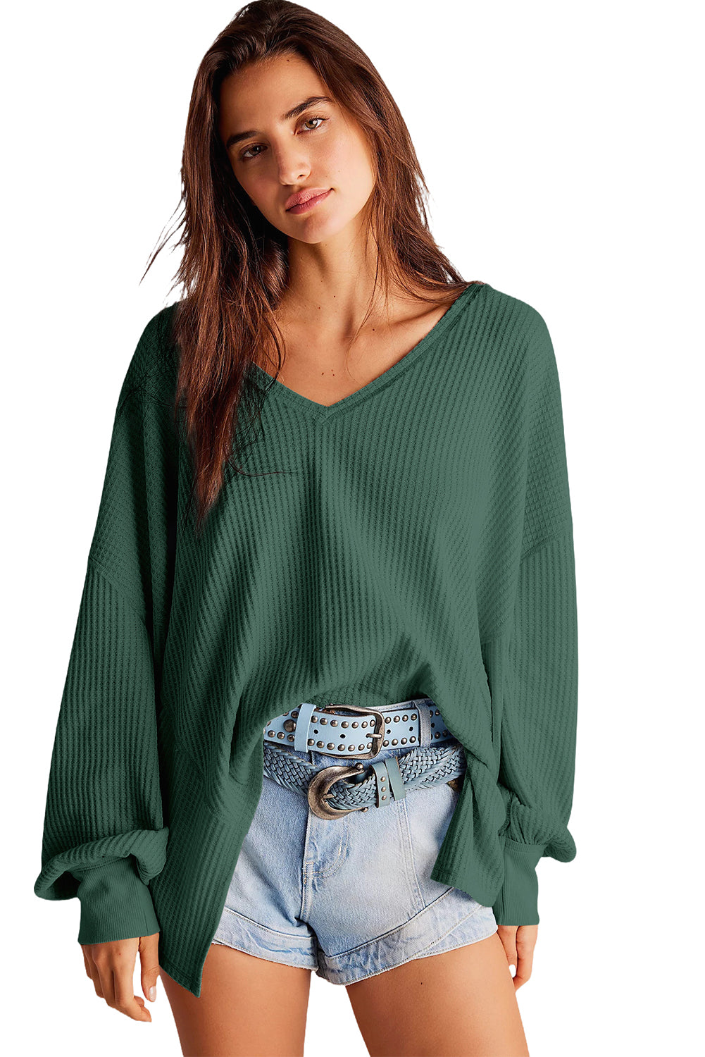 Orchid Petal Waffle V Neck Long Sleeve Drop Shoulder Loose Blouse