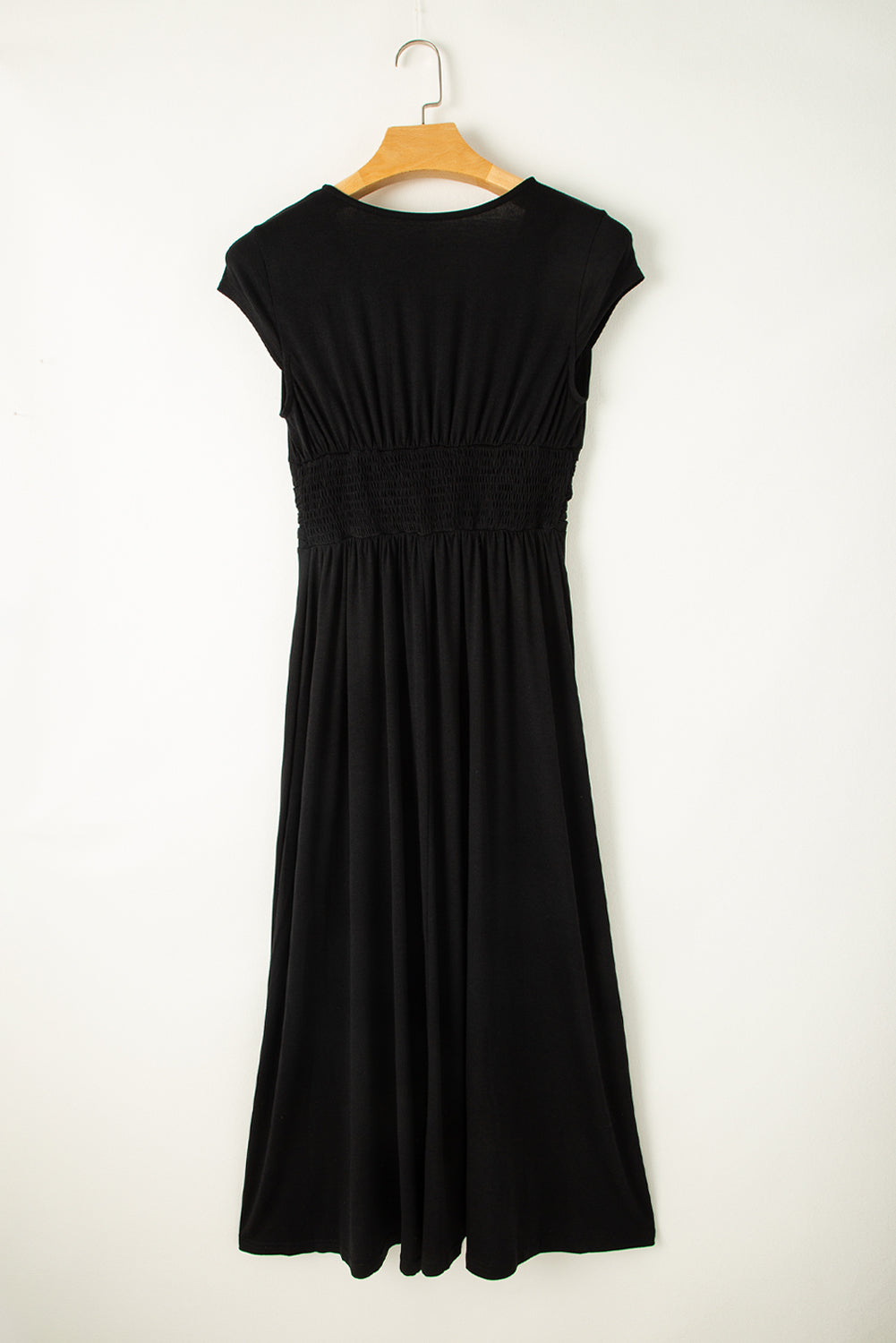 Peacock Blue Short Sleeve Shirred High Waist V Neck Maxi Dress