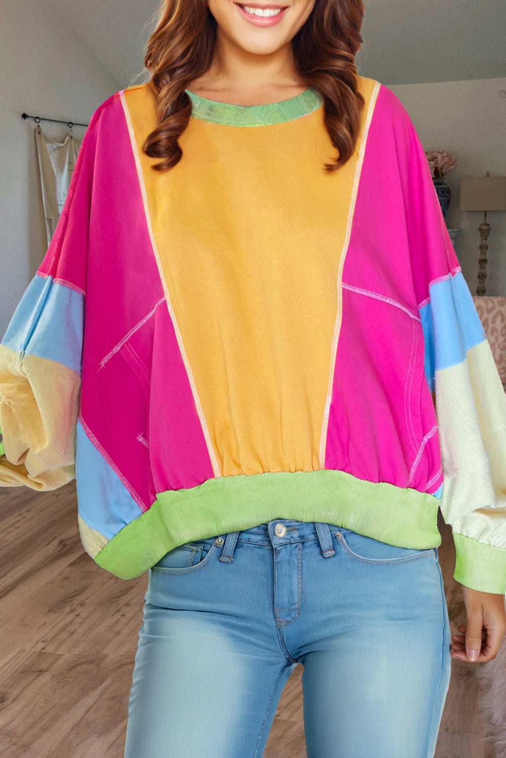 Dark Green Colorblock Patchwork Exposed Stitching Oversize Top
