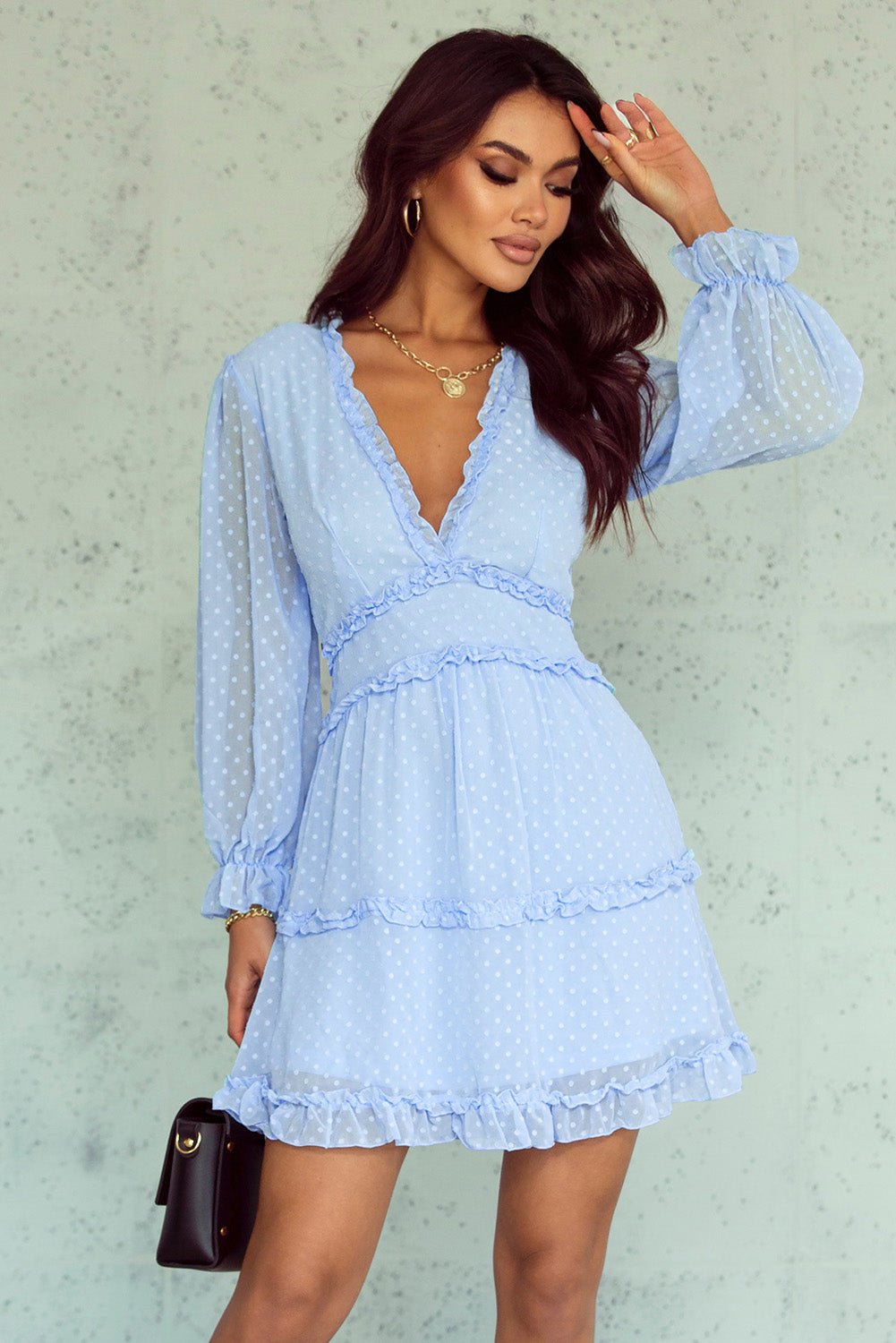Pink Layered Ruffled Open Back Puff Sleeve Swiss Dot Mini Dress