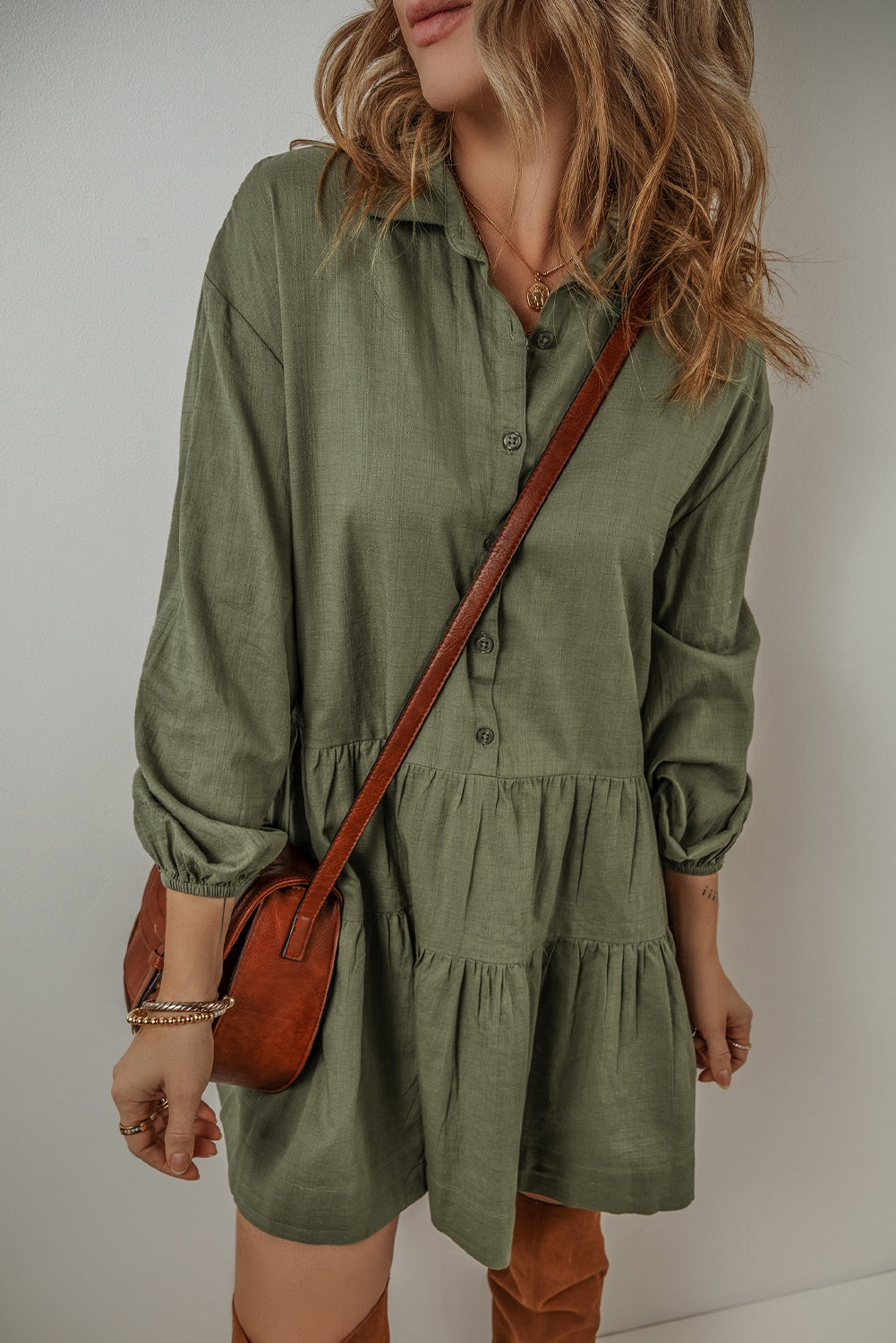 Tan Puff Sleeve Buttoned Tiered Pleated Shirt Mini Dress