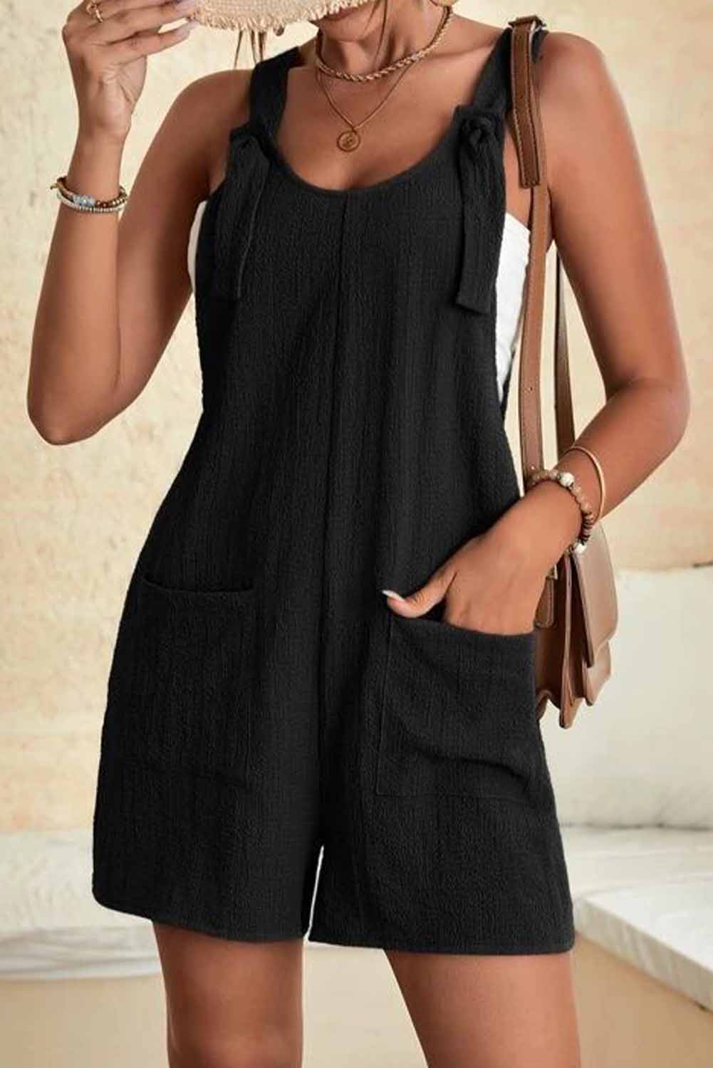 Pink Adjustable Straps Pocketed Textured Romper