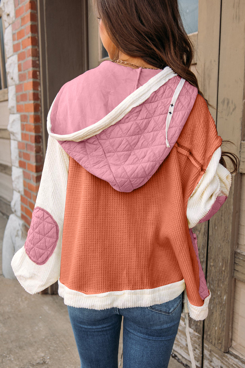 Light Blue Quilted Textured Patchwork Loose Fit Hooded Jacket