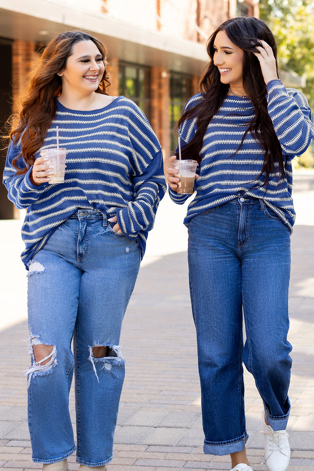 Khaki Stripe Drop Shoulder Casual Sweater