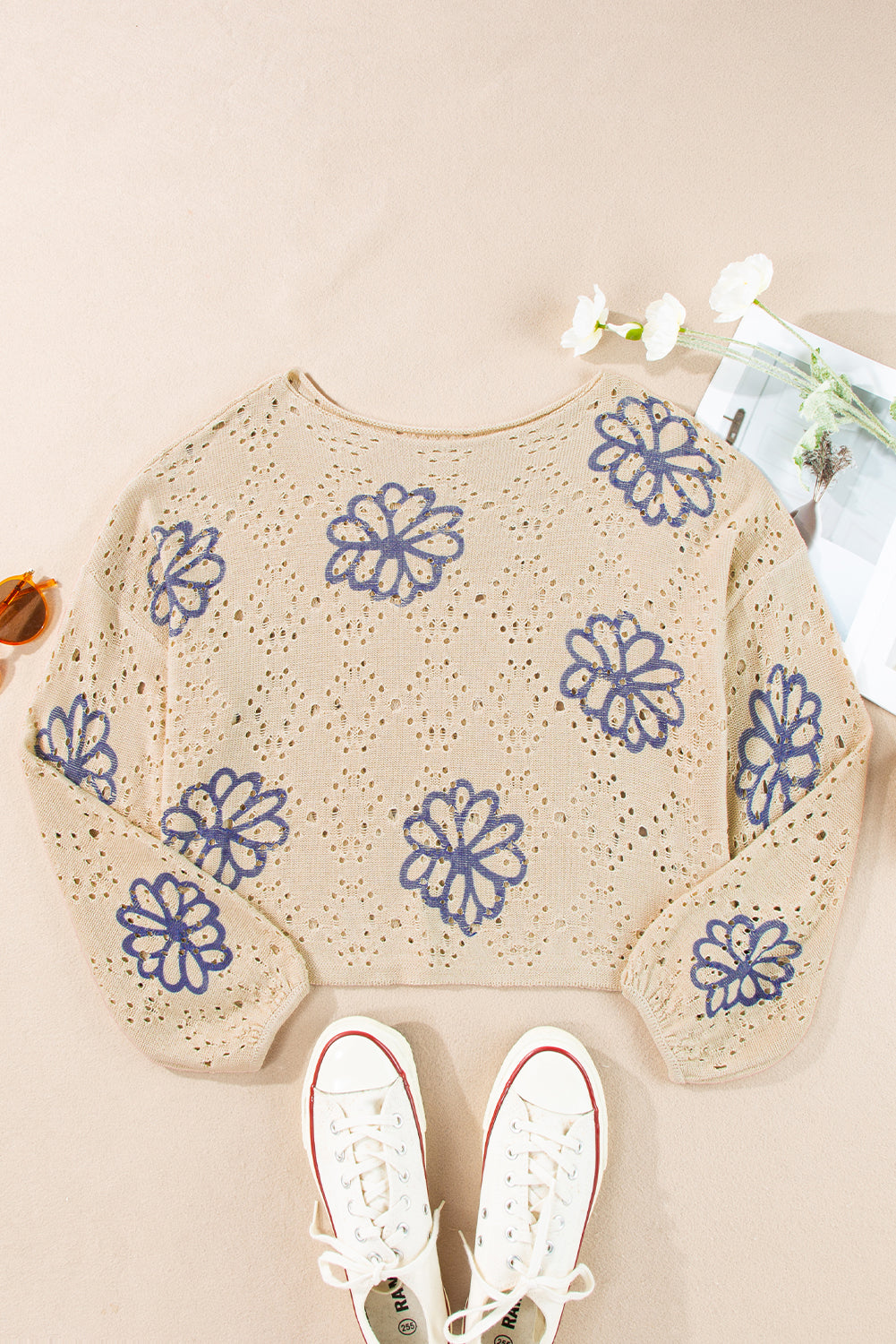 White Contrast Flower Print Eyelet Drop Shoulder Sweater