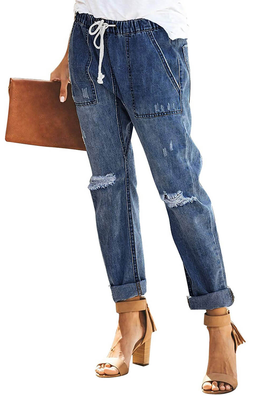 Sky Blue Gather Round Distressed Pocketed Denim Jogger