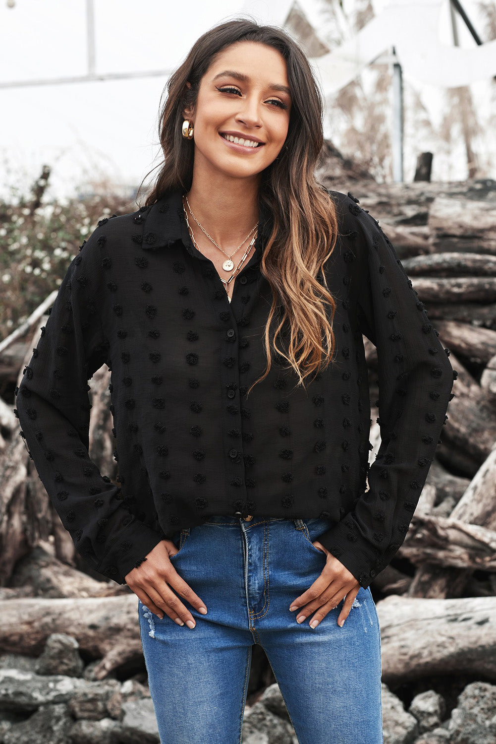 Gray Long Sleeve Button Fuzzy Polka Dot Shirt