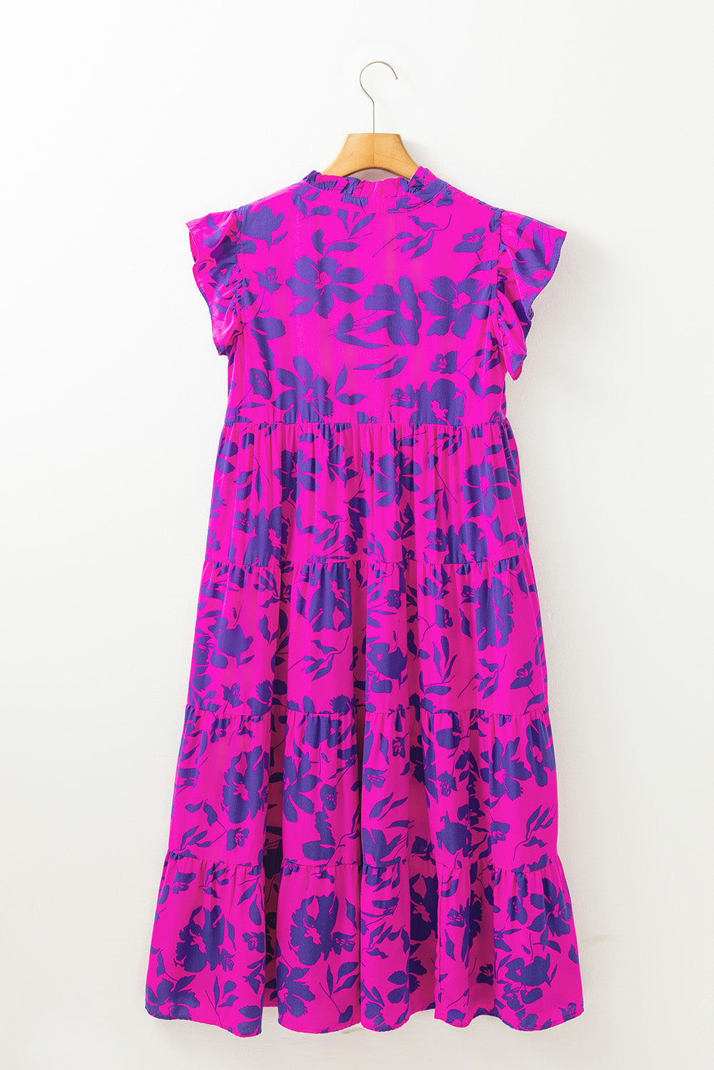 Sky Blue Floral Print Tiered Frilled Trim Flutter Sleeve Maxi Dress