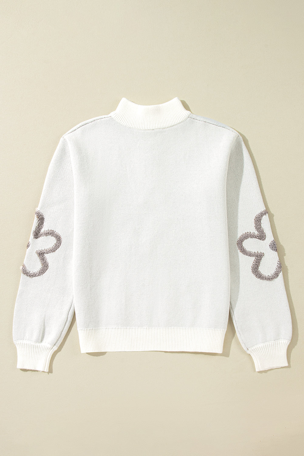 Parchment Contrast Flower Half Zipper Stand Neck Sweater