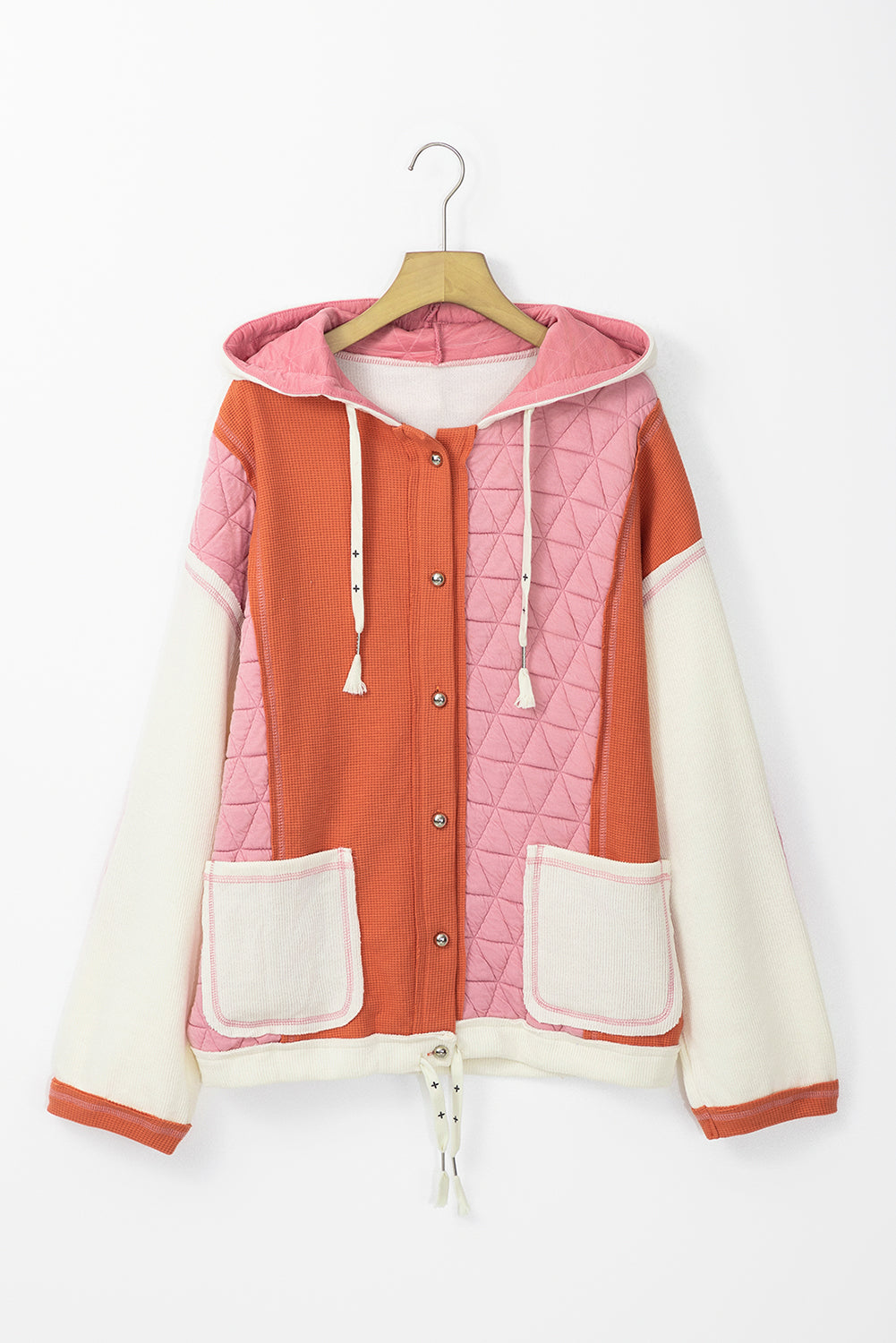 Light Blue Quilted Textured Patchwork Loose Fit Hooded Jacket