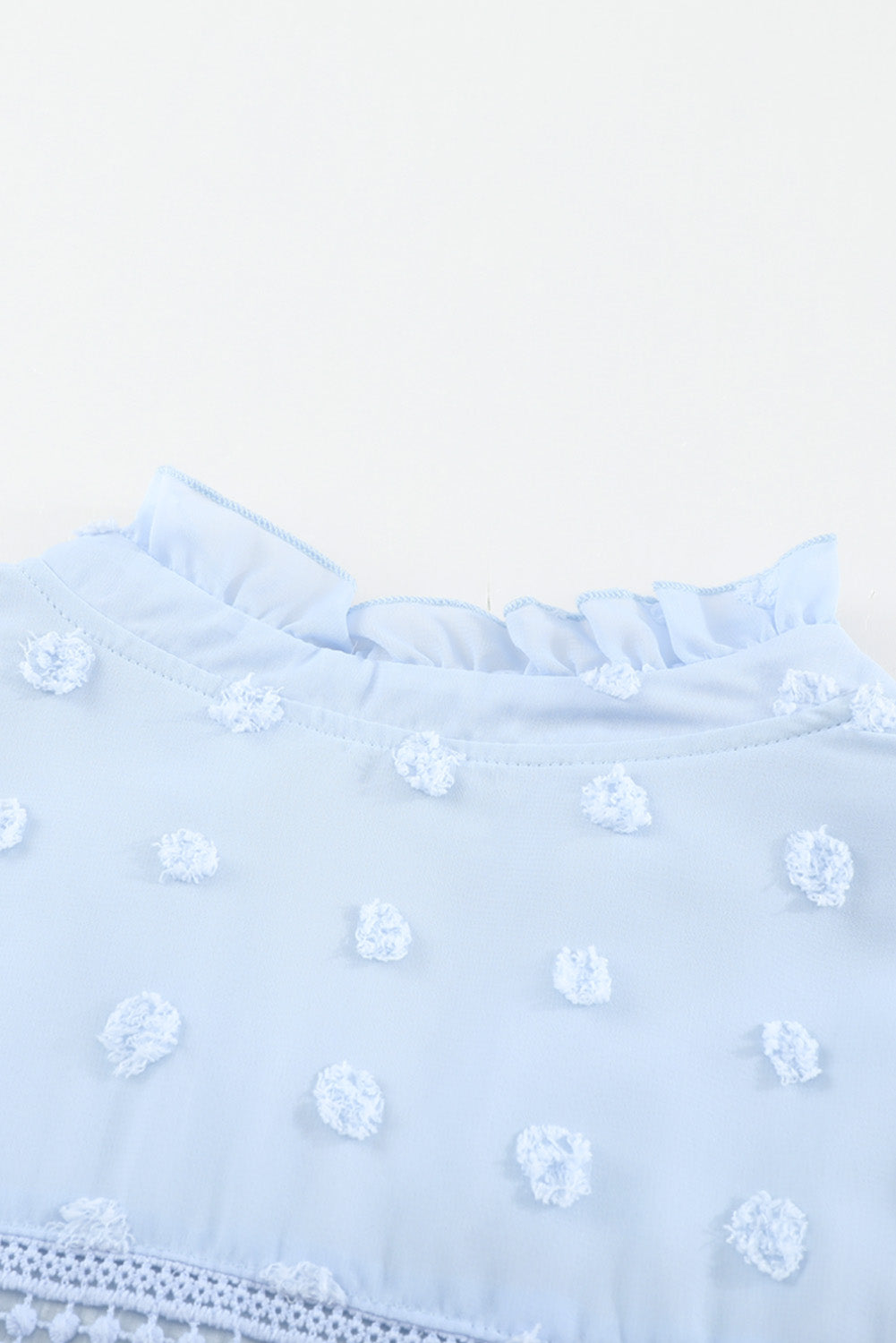 Blue Ruffled Split Neck Lace Hollow Out Puff Sleeve Polka Dot Blouse