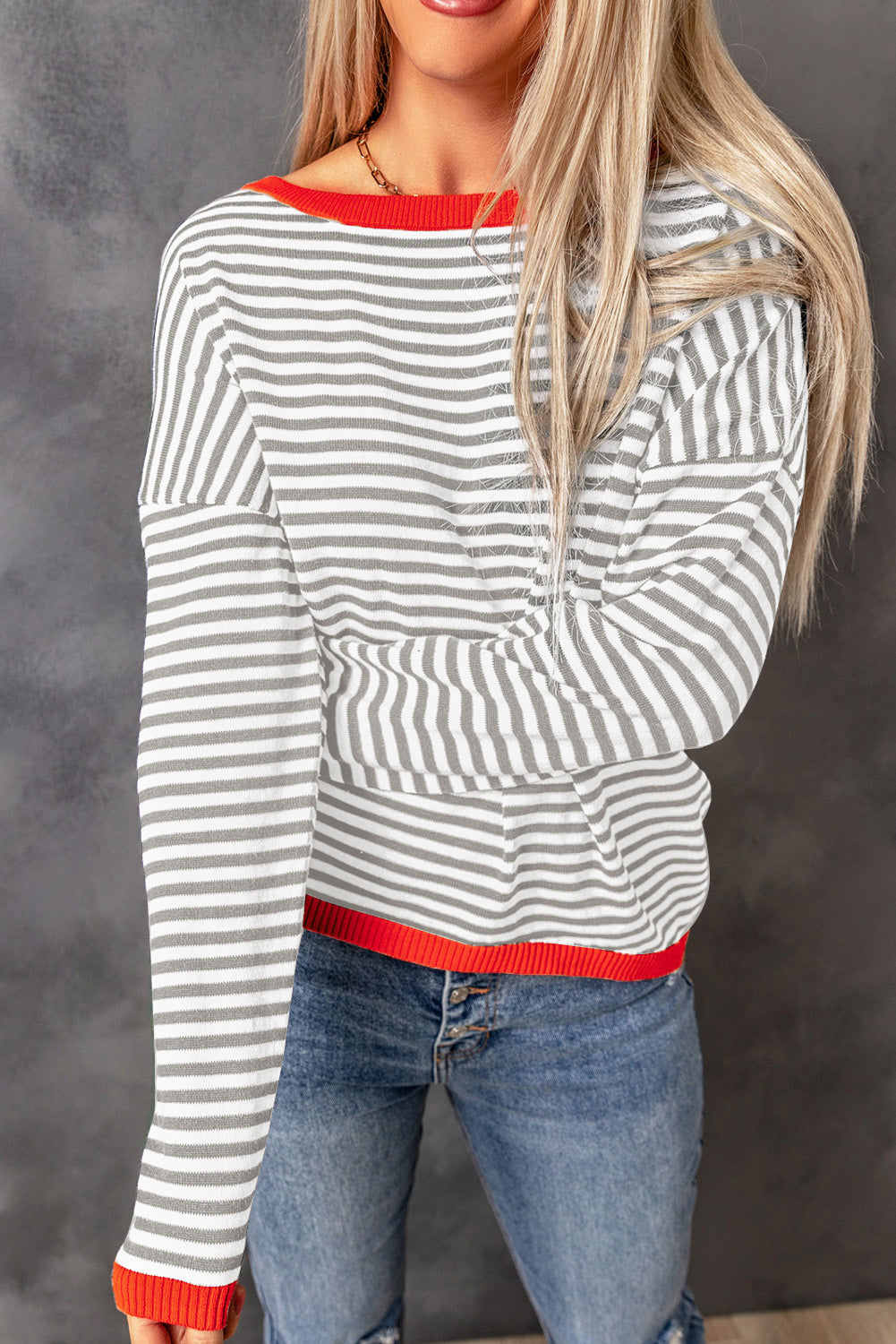 Fiery Red Contrast Trimmed Striped Drop Shoulder Sweater