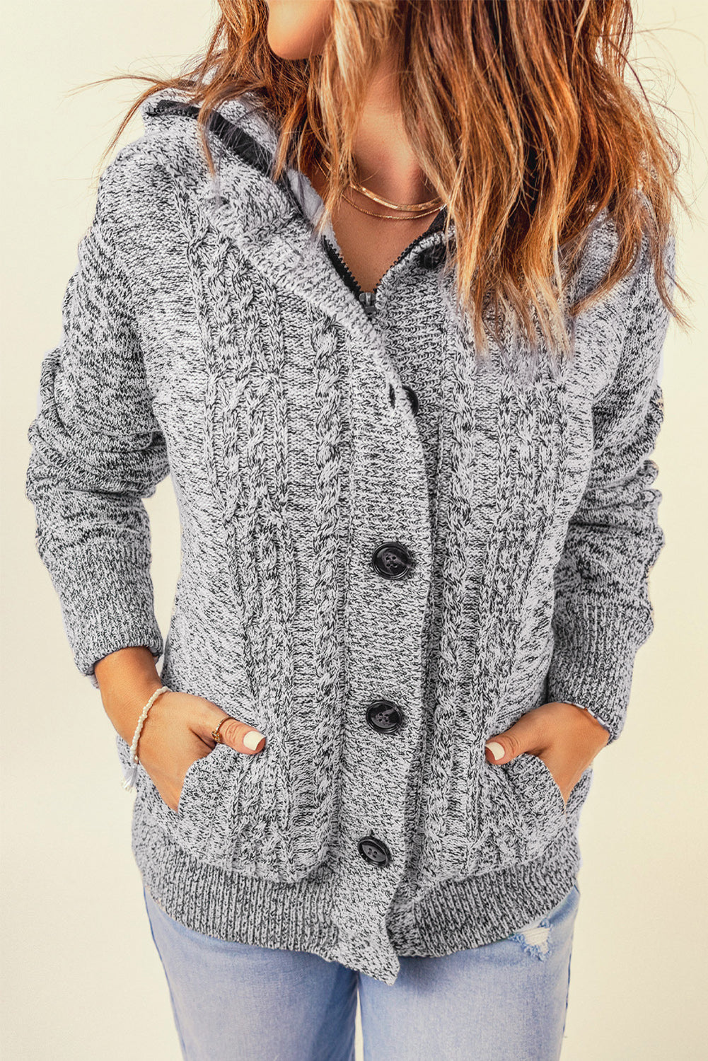 Navy Blue Long Sleeve Button-up Hooded Cardigans