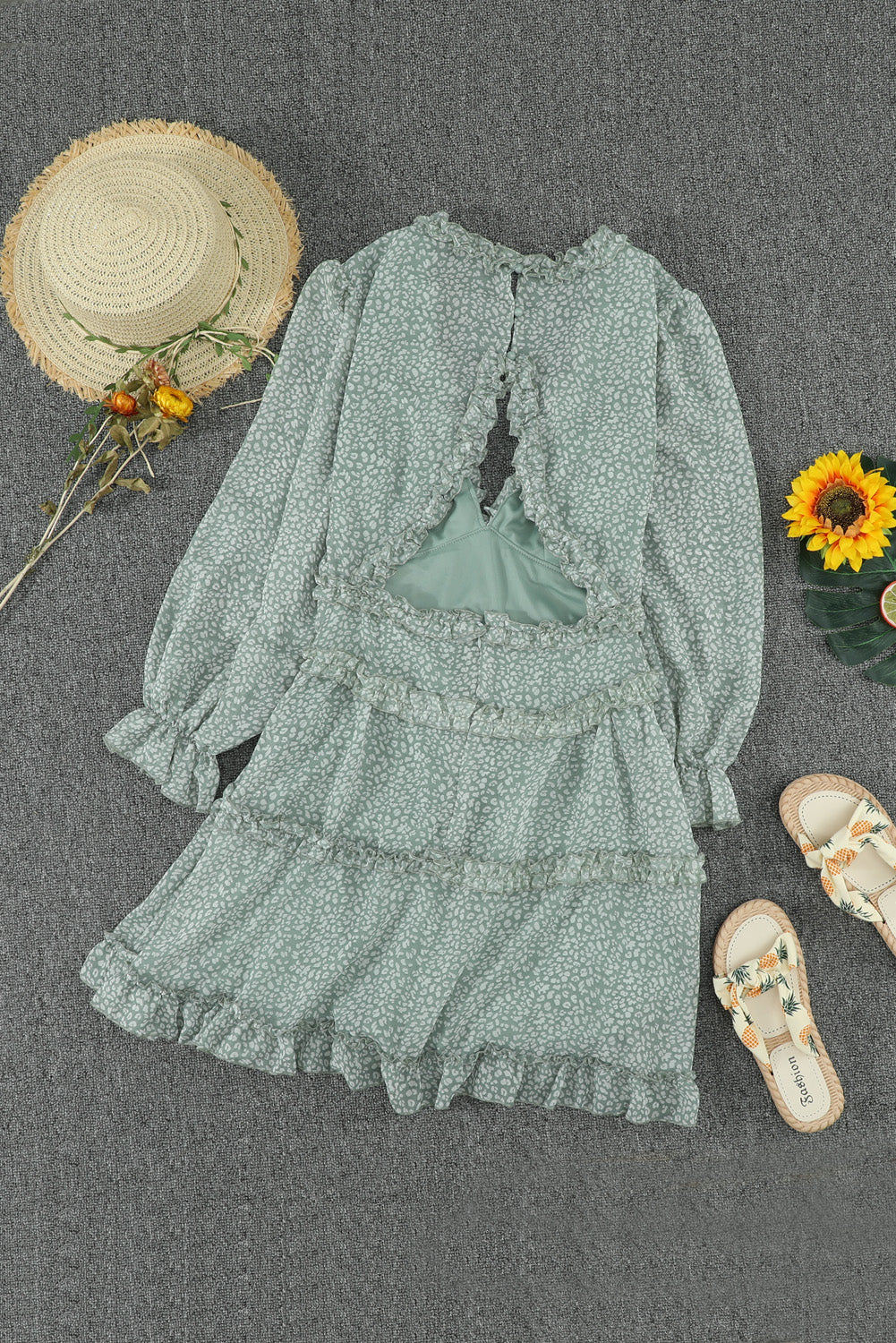 Blue Ruffle Detailing Open Back Floral Dress