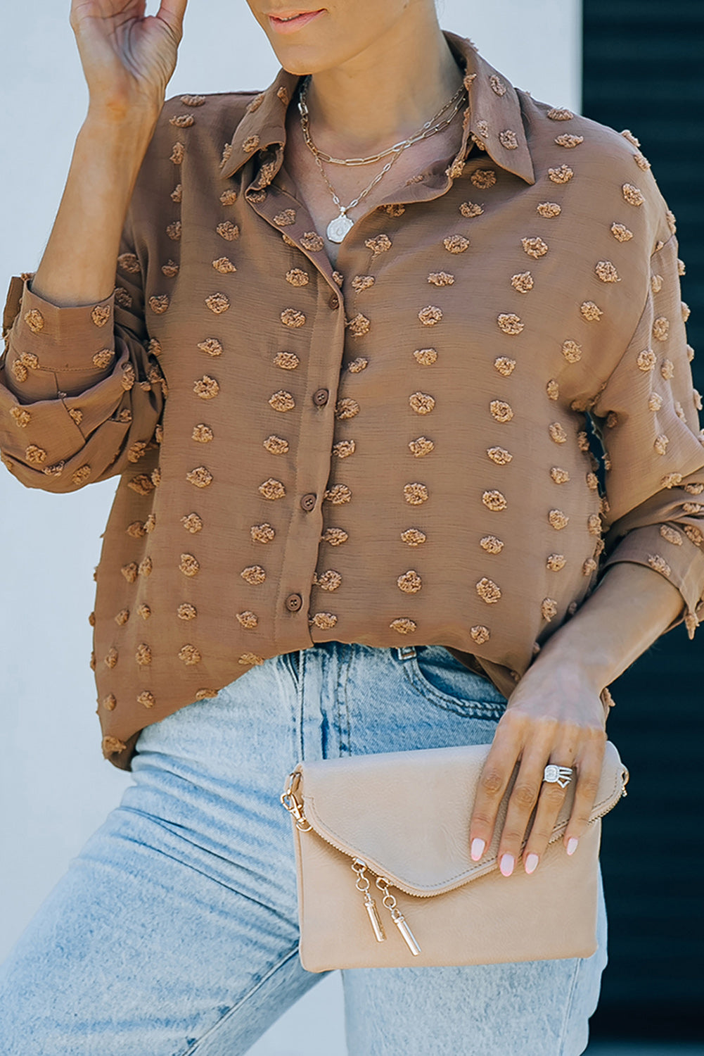 Gray Long Sleeve Button Fuzzy Polka Dot Shirt