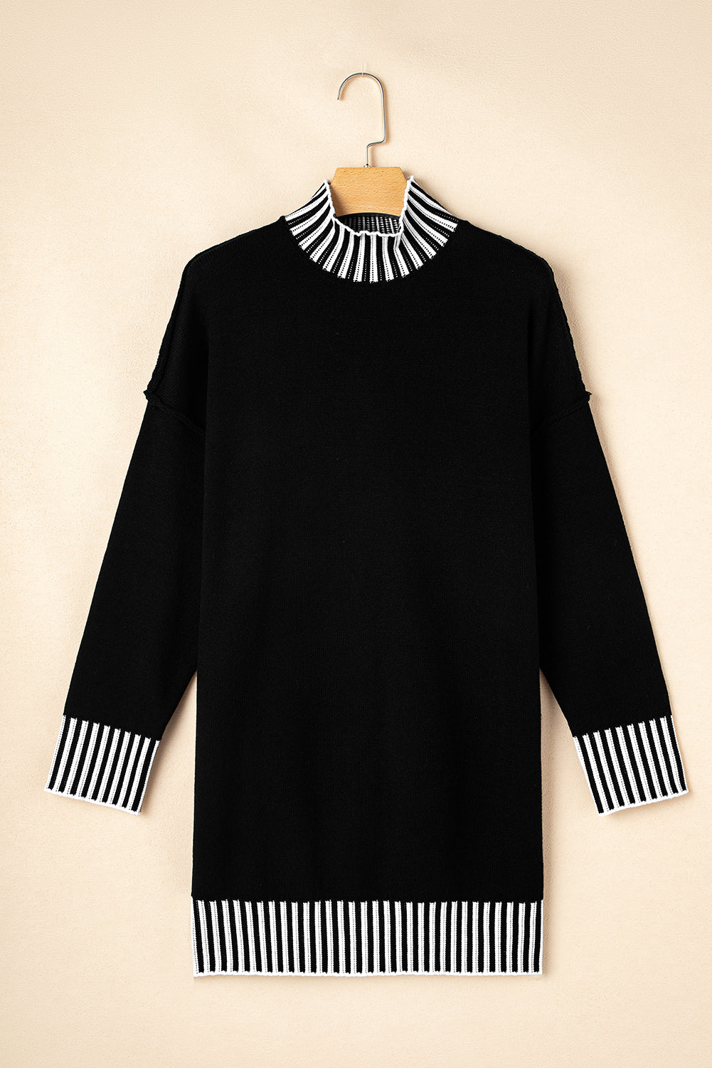Black Striped Trim Mock Neck Dropped Long Sleeve Sweater Mini Dress