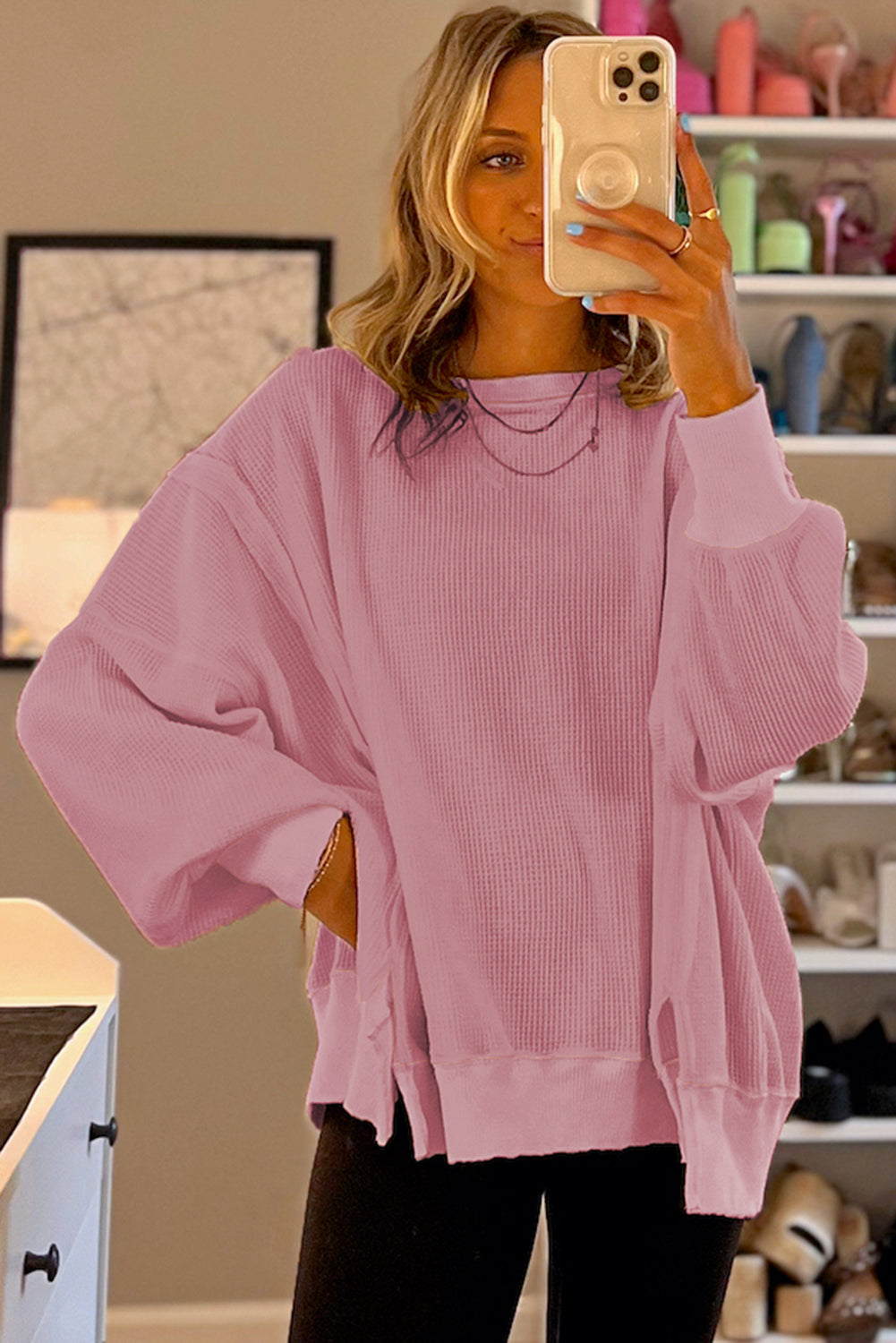 Gray Waffle knit Bishop Sleeve Split Oversized Top