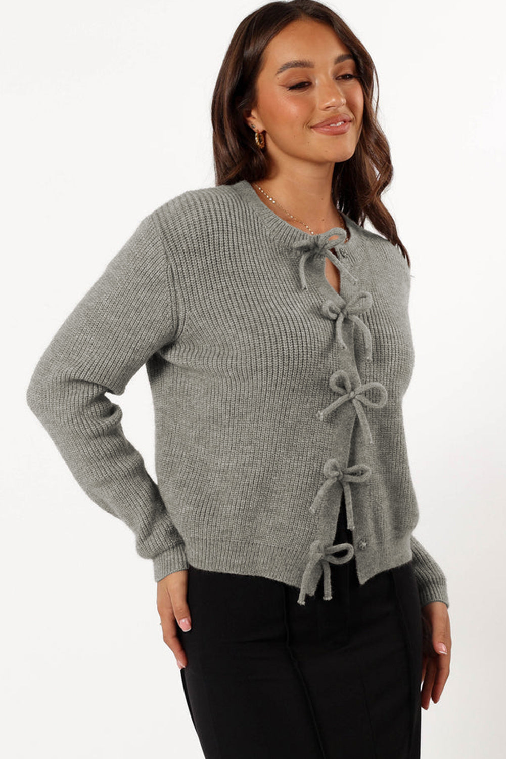Fiery Red Ribbed Knit Bow Front Buttoned Cardigan
