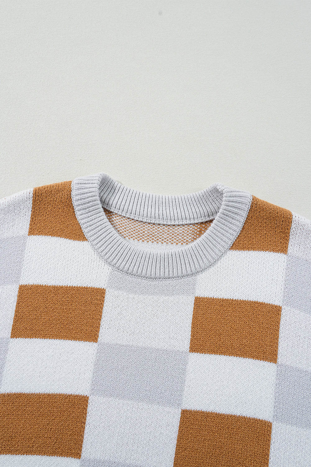 Pink Checkered Ribbed Edge O Neck Drop Shoulder Sweater