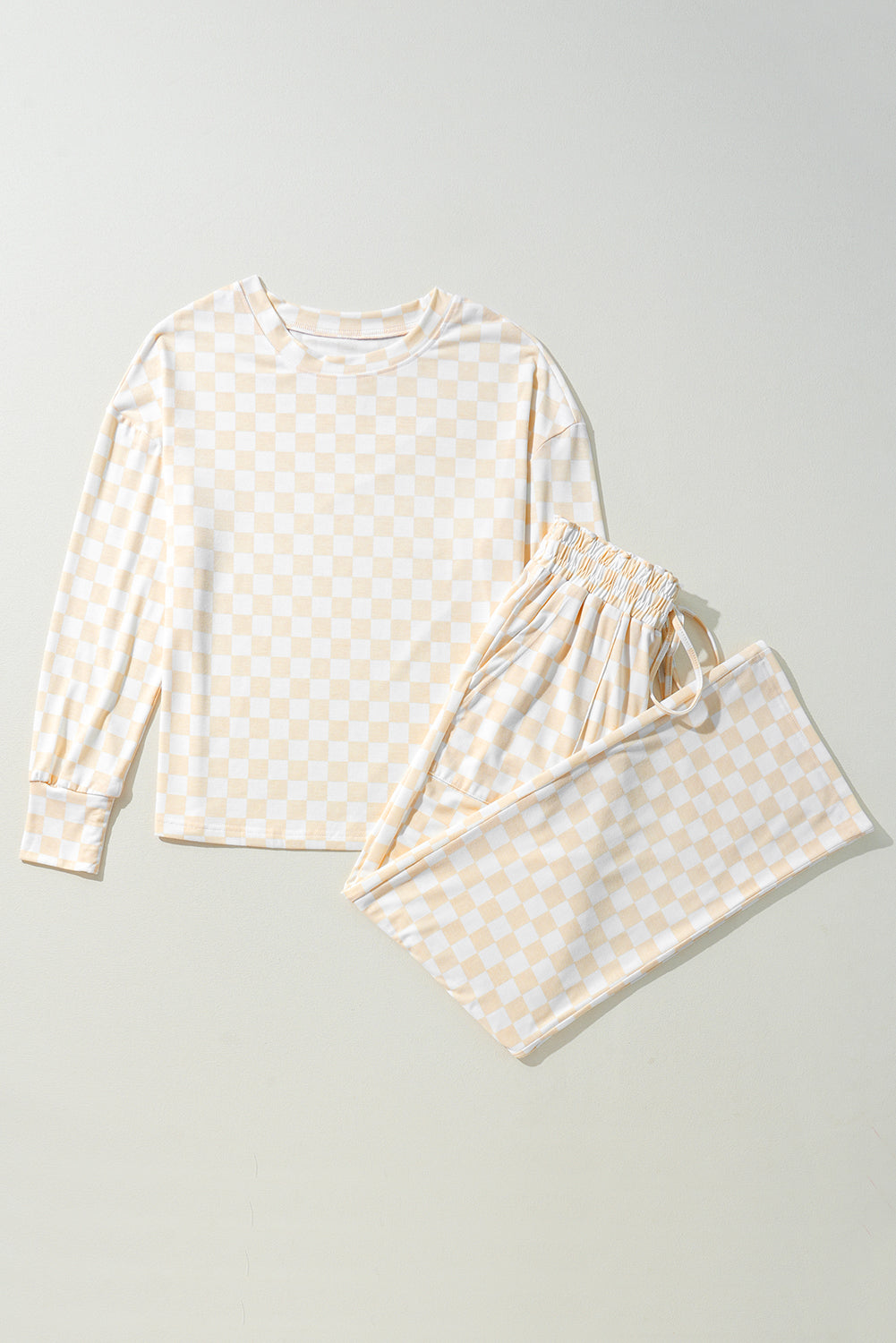 Black Checkered Print Long Sleeve Top and Pants Lounge Set