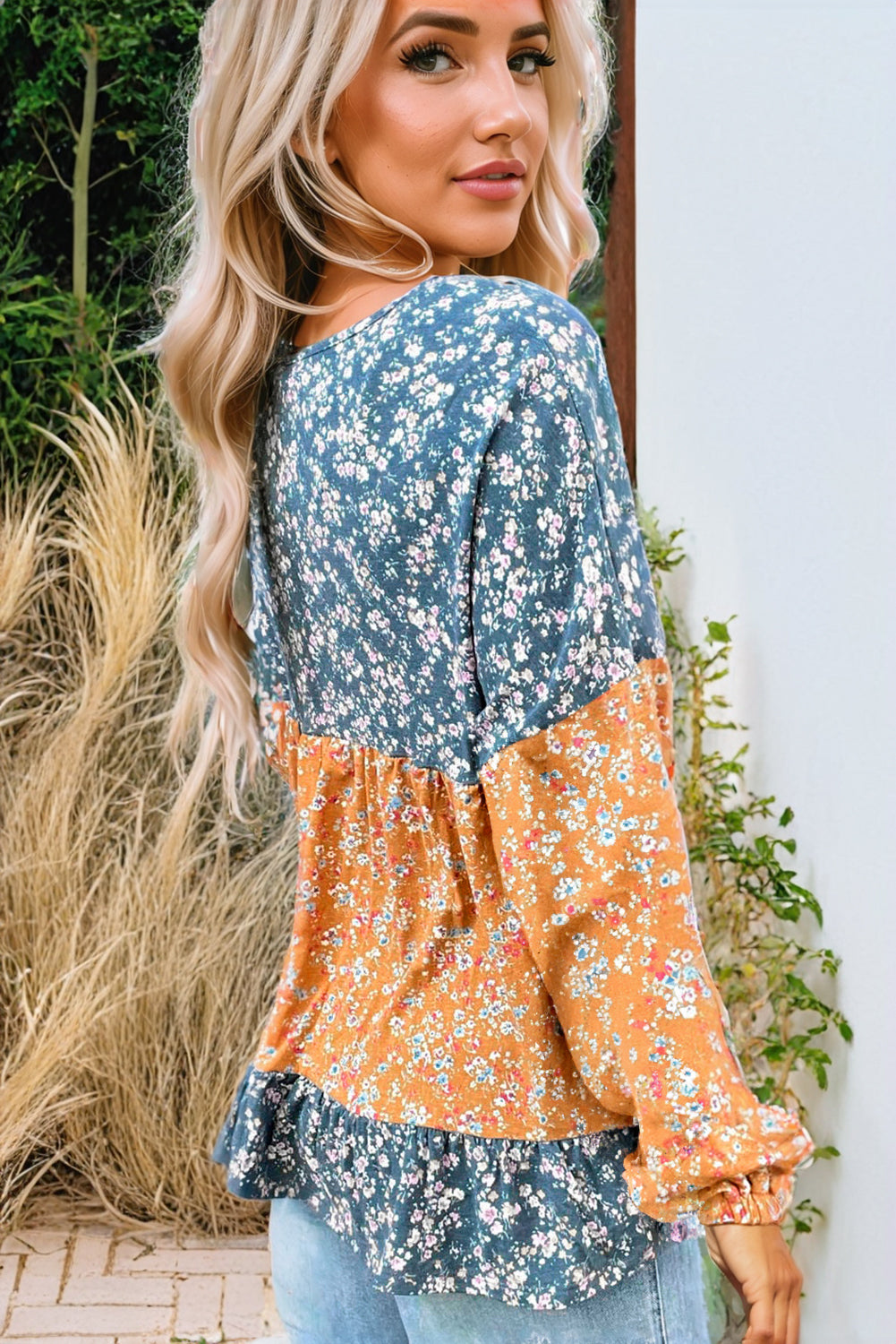 Blue Floral Color Block Patchwork Ruffled Hem Round Neck Blouse