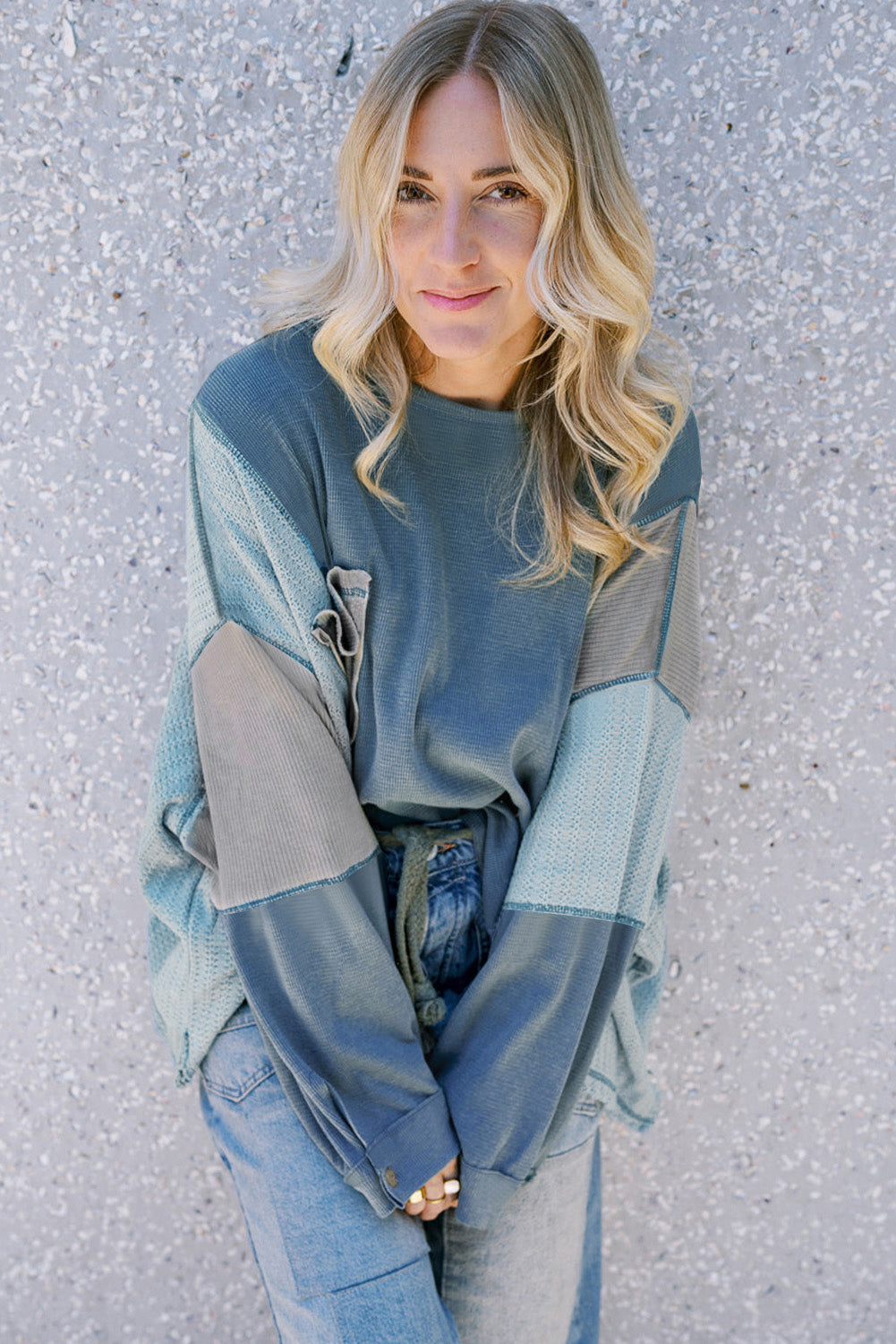 Green Colorblock Stitching Patchwork Buttoned Long Sleeve Top