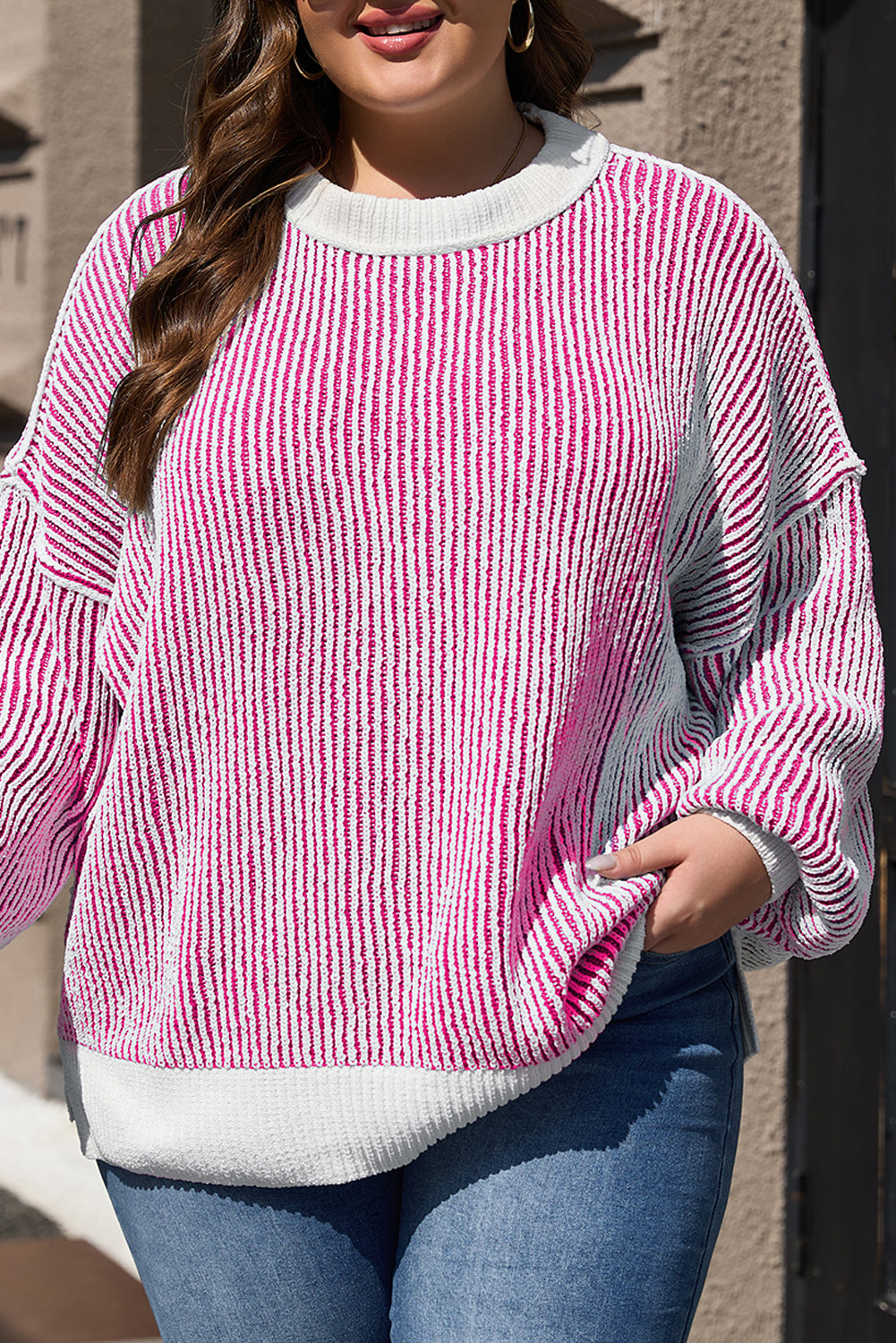 Dark Blue Striped Textured Knit Contrast Edge Loose Sweater