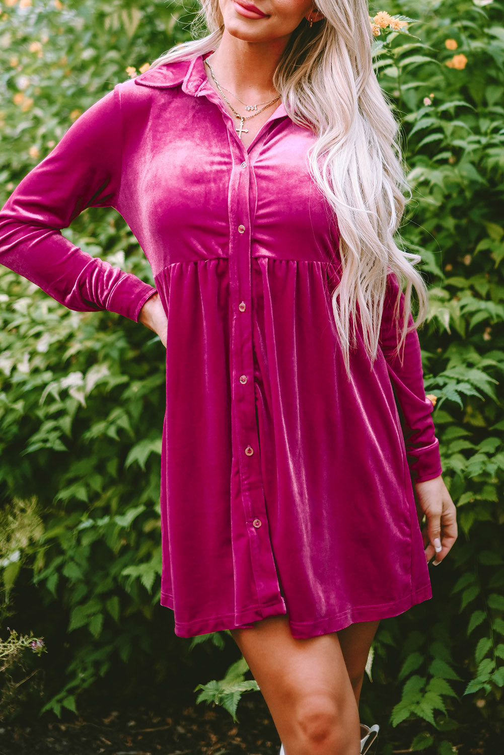 Green Long Sleeve Ruffle Velvet Button Up Dress