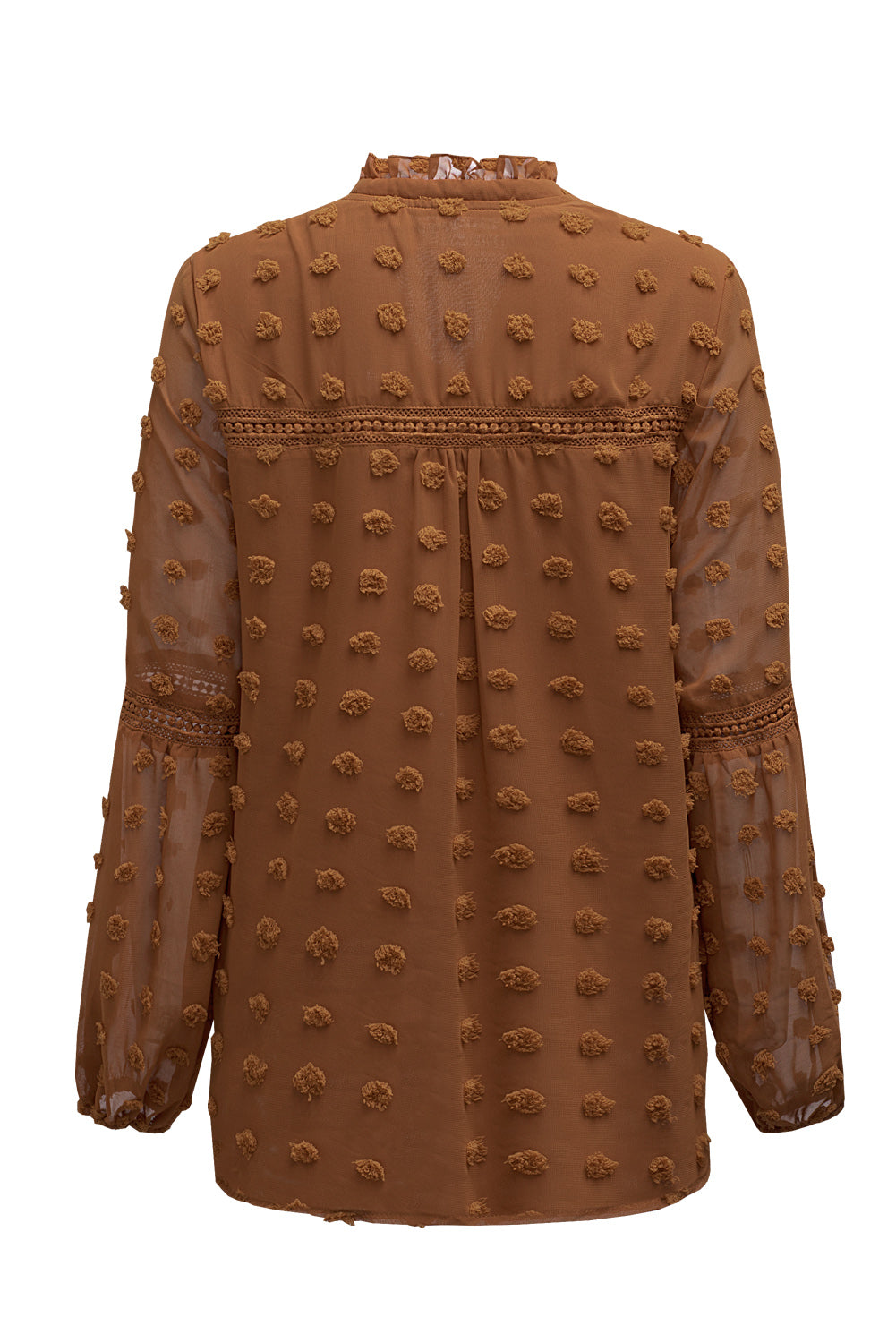 Blue Ruffled Split Neck Lace Hollow Out Puff Sleeve Polka Dot Blouse