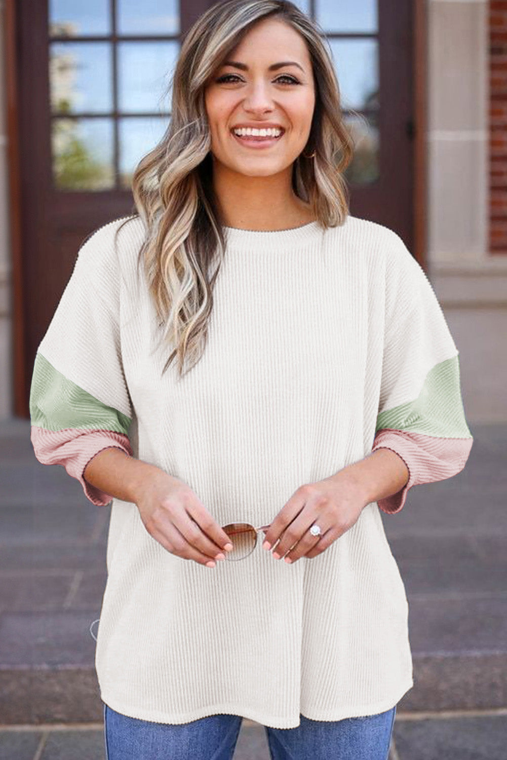 Carbon Grey Color Block Ribbed Knit Quarter Sleeve Top