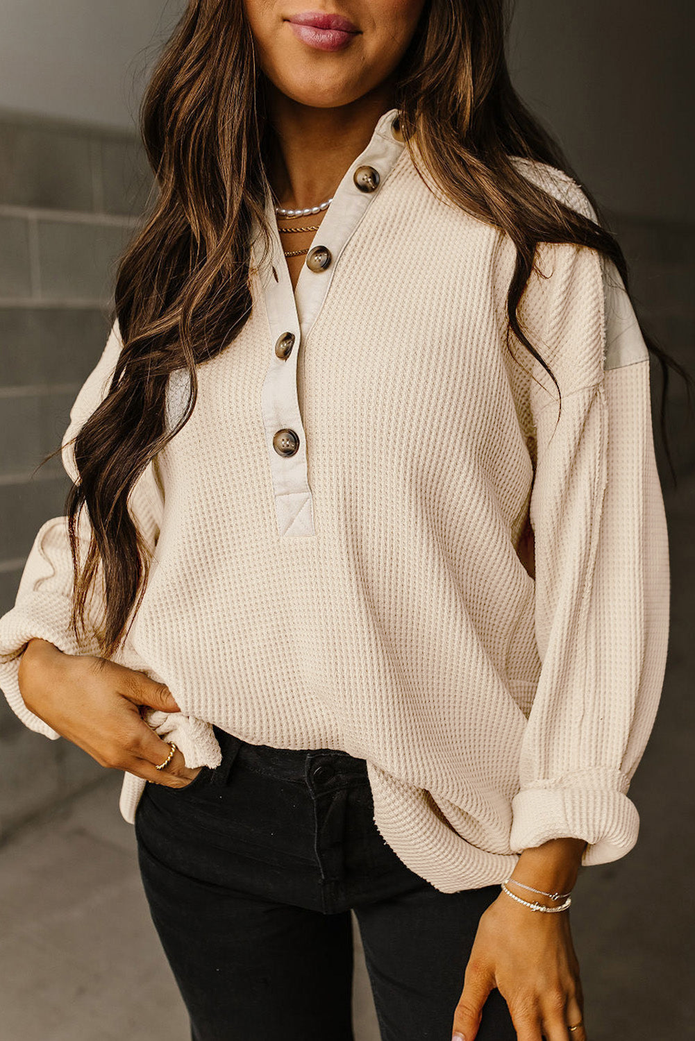 Smoke Green Waffle Long Sleeve Collar Half Button Loose Top