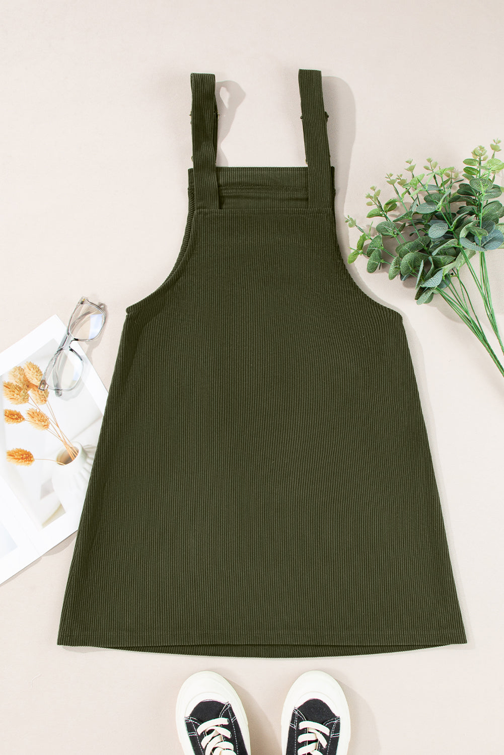 Black Solid Front Pockets Sleeveless Corduroy Overall Dress