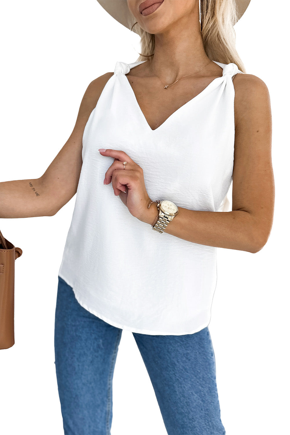 Rose White V Neck Knotted Shoulder Vest