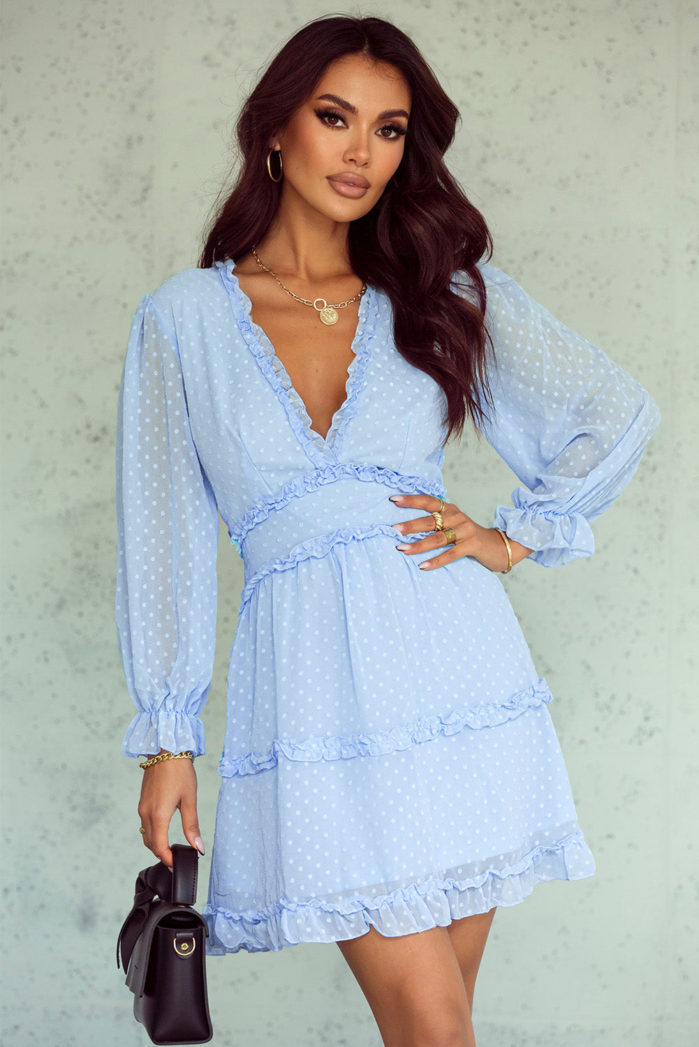 Pink Layered Ruffled Open Back Puff Sleeve Swiss Dot Mini Dress