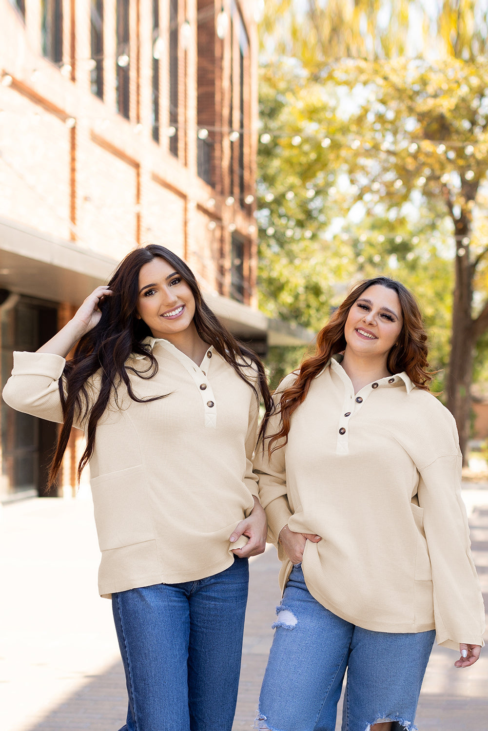 Smoke Green Waffle Long Sleeve Collar Half Button Loose Top