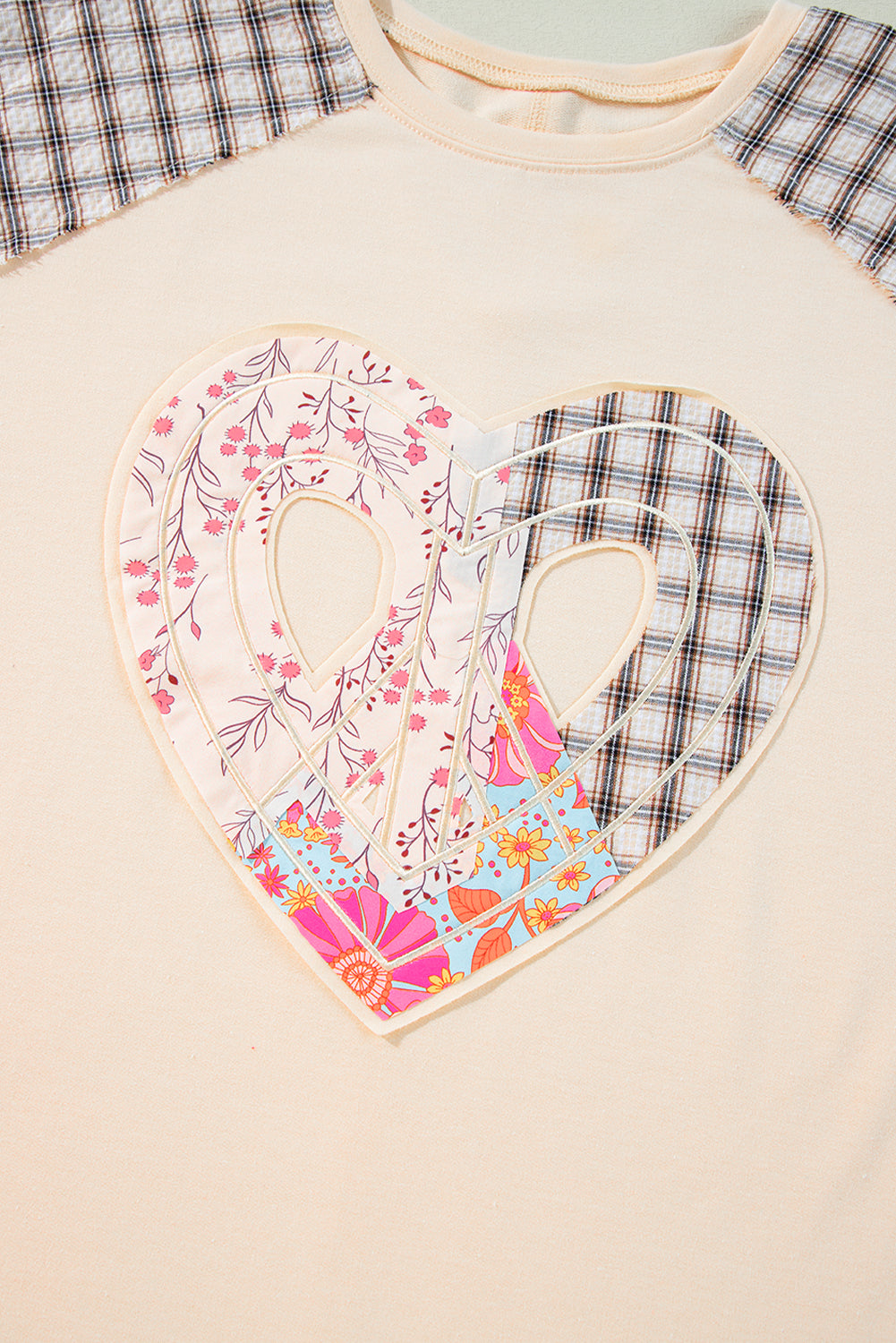 Clearly Aqua Plaid Floral Peace Heart Graphic Wide Long Sleeve Top