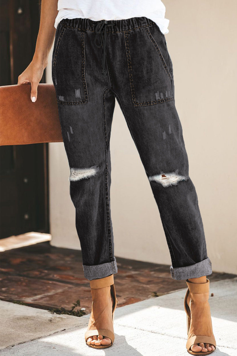 Sky Blue Gather Round Distressed Pocketed Denim Jogger
