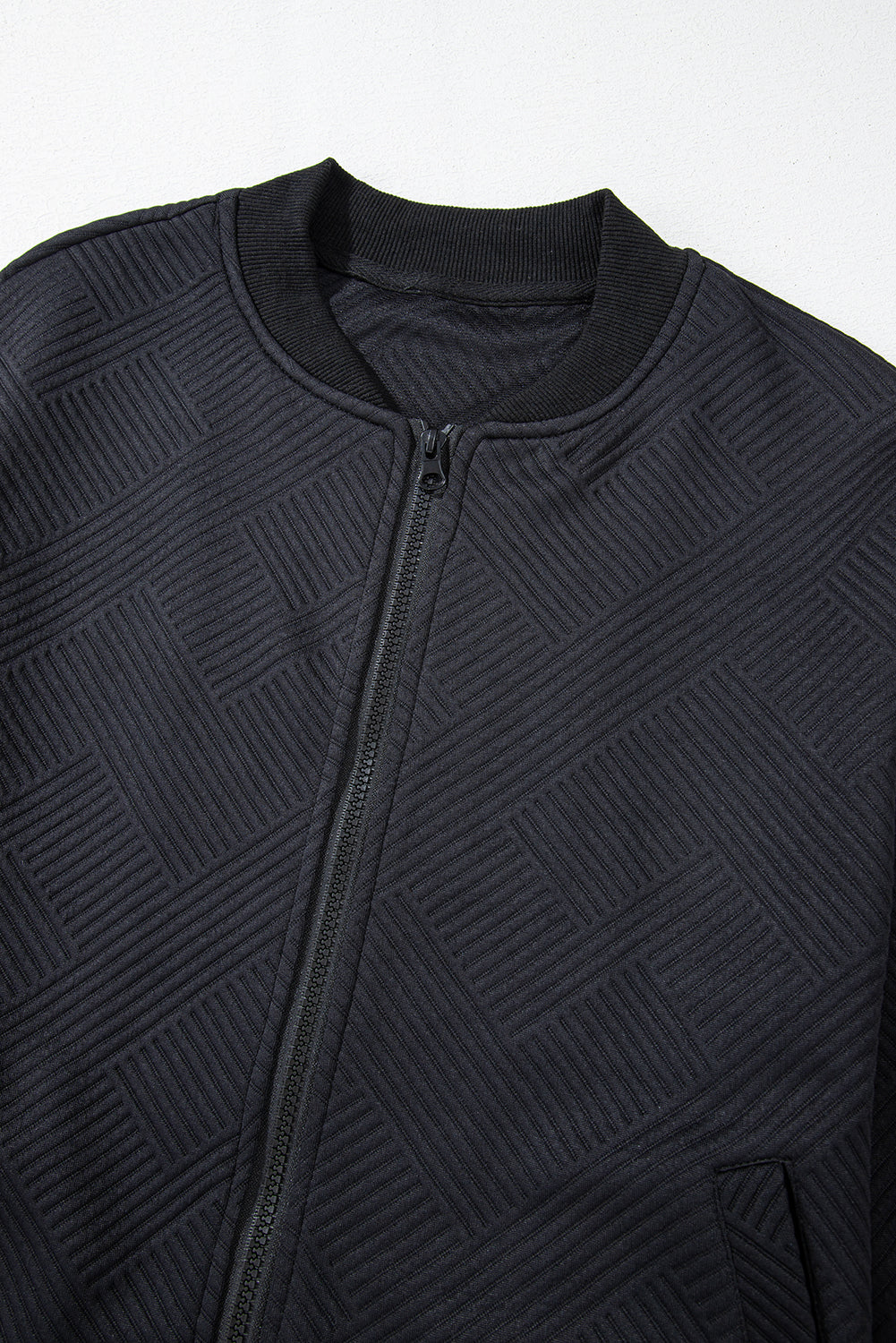 Myosotis Solid Textured Stand Neck Zipper Bomber Jacket