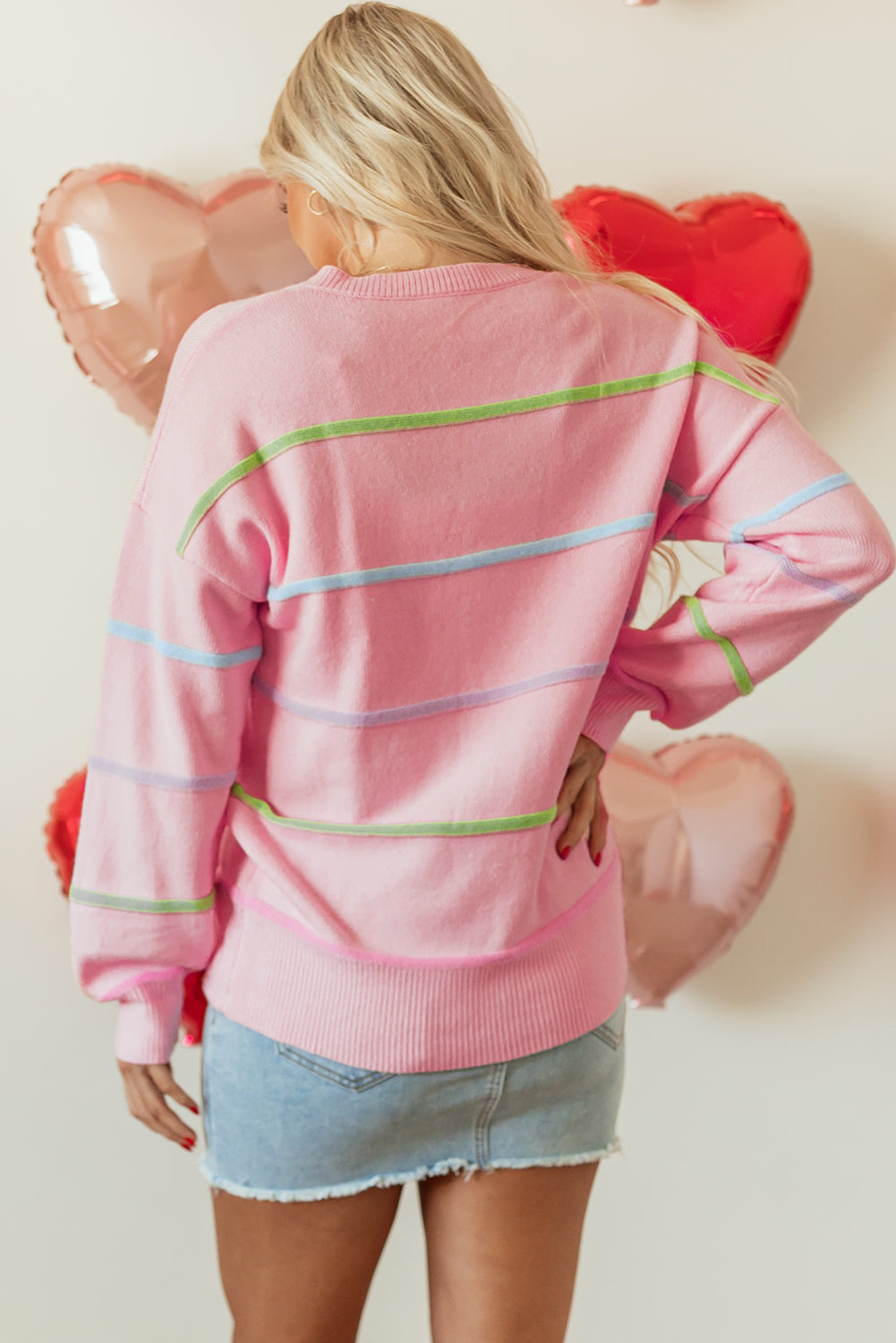 White Rainbow Stripes Drop Shoulder Baggy Henley Sweater