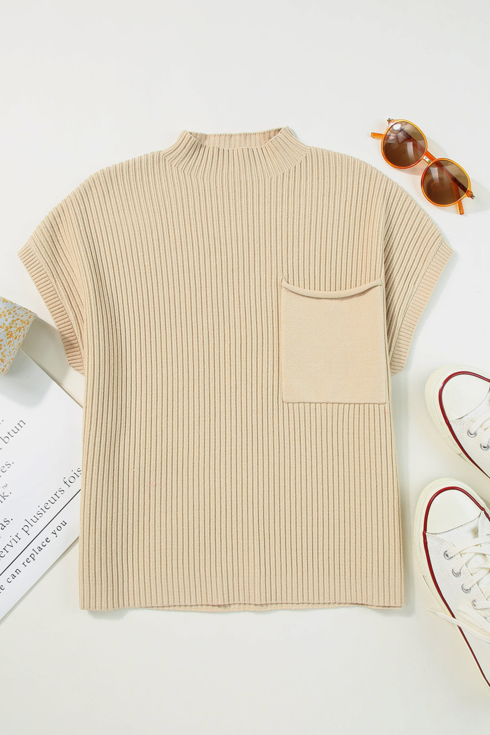 Beau Blue Patch Pocket Ribbed Knit Short Sleeve Sweater